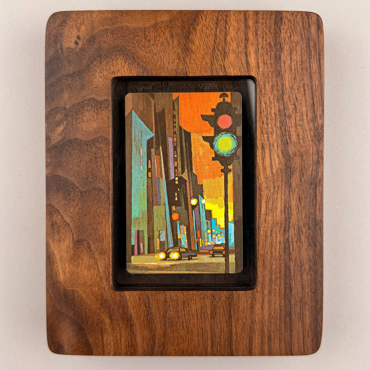 SunnySlab walnut wall art featuring a vintage mid-century city street illustration