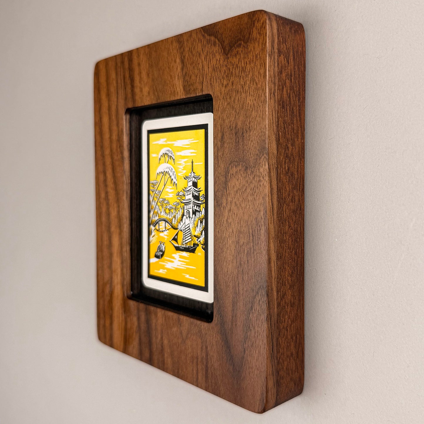 SunnySlab Mid-Century Pagoda Landscape Walnut Wall Art