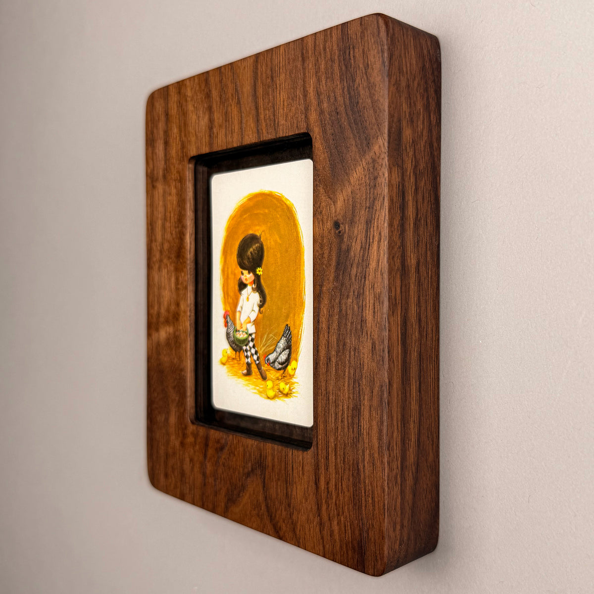 SunnySlab Mid-Century Big-Eyed Girl with Chickens Walnut Wall Art