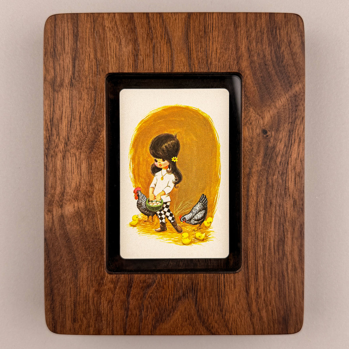 SunnySlab Mid-Century Big-Eyed Girl with Chickens Walnut Wall Art