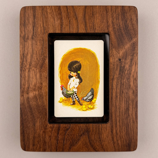 SunnySlab Mid-Century Big-Eyed Girl with Chickens Walnut Wall Art
