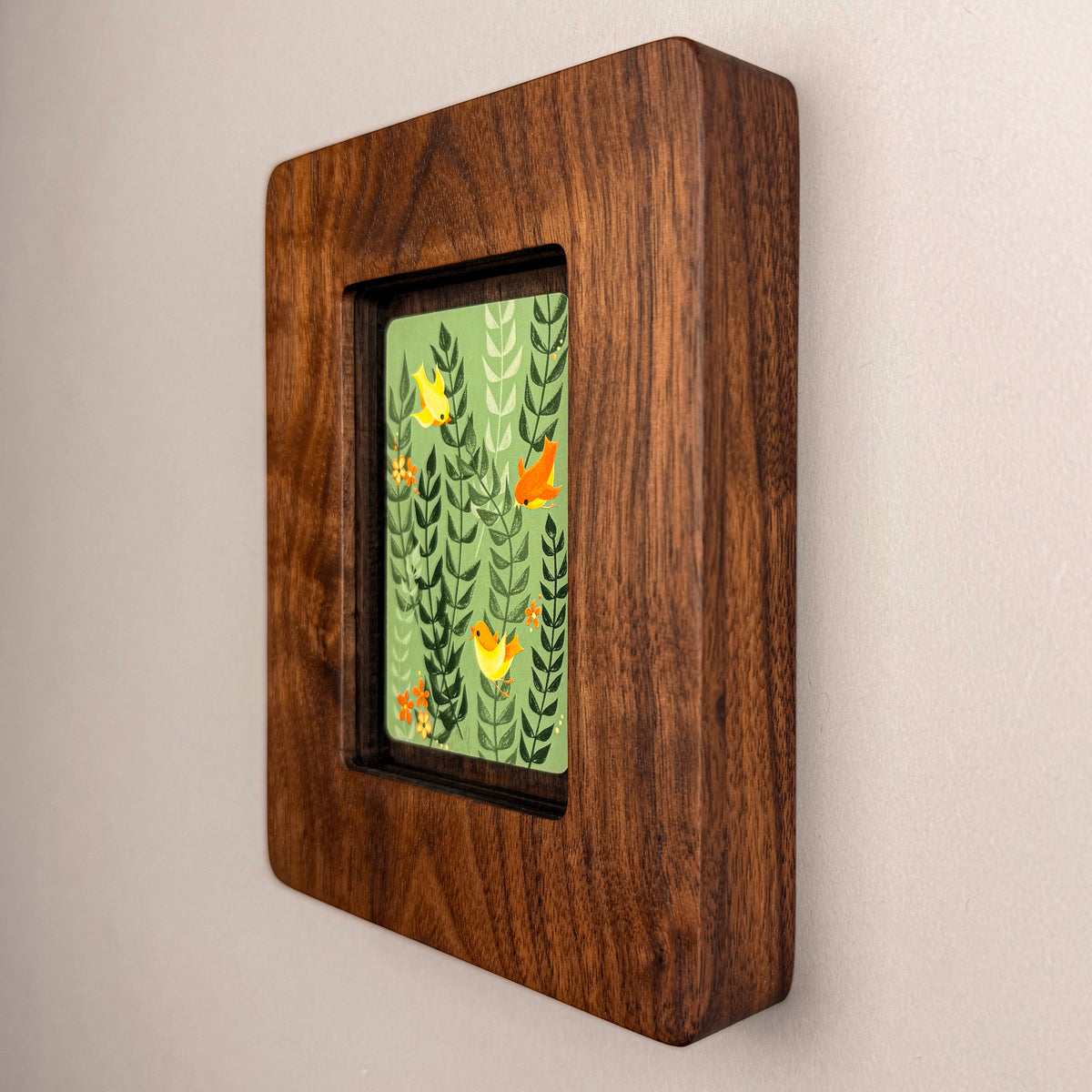 SunnySlab Mid-Century Yellow Birds in Foliage Walnut Wall Art