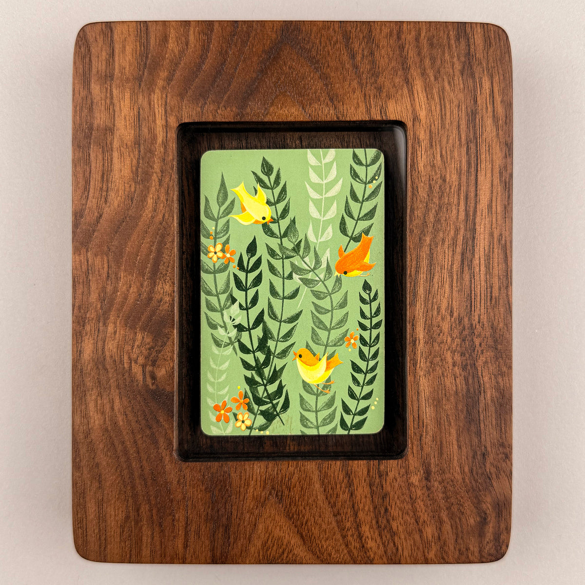 SunnySlab Mid-Century Yellow Birds in Foliage Walnut Wall Art