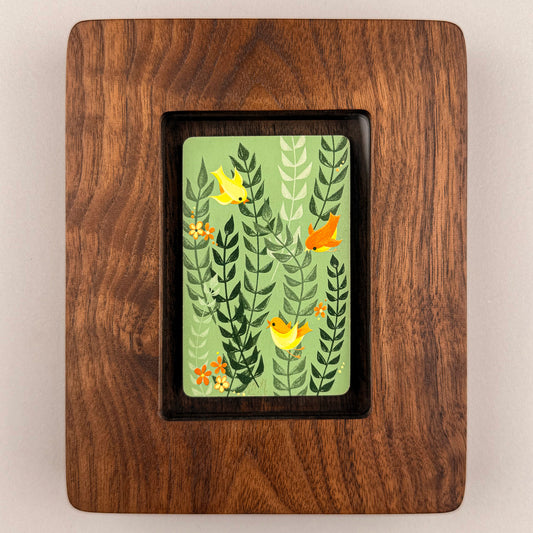 SunnySlab Mid-Century Yellow Birds in Foliage Walnut Wall Art