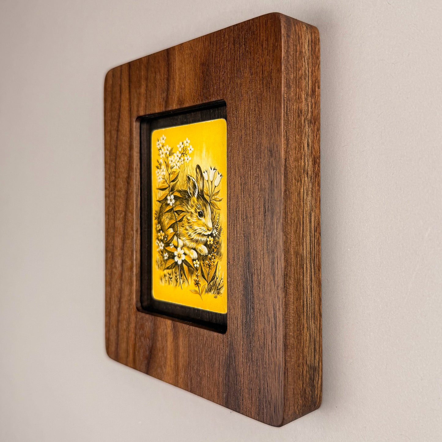 SunnySlab Mid-Century Rabbit in Flowers Walnut Wall Art