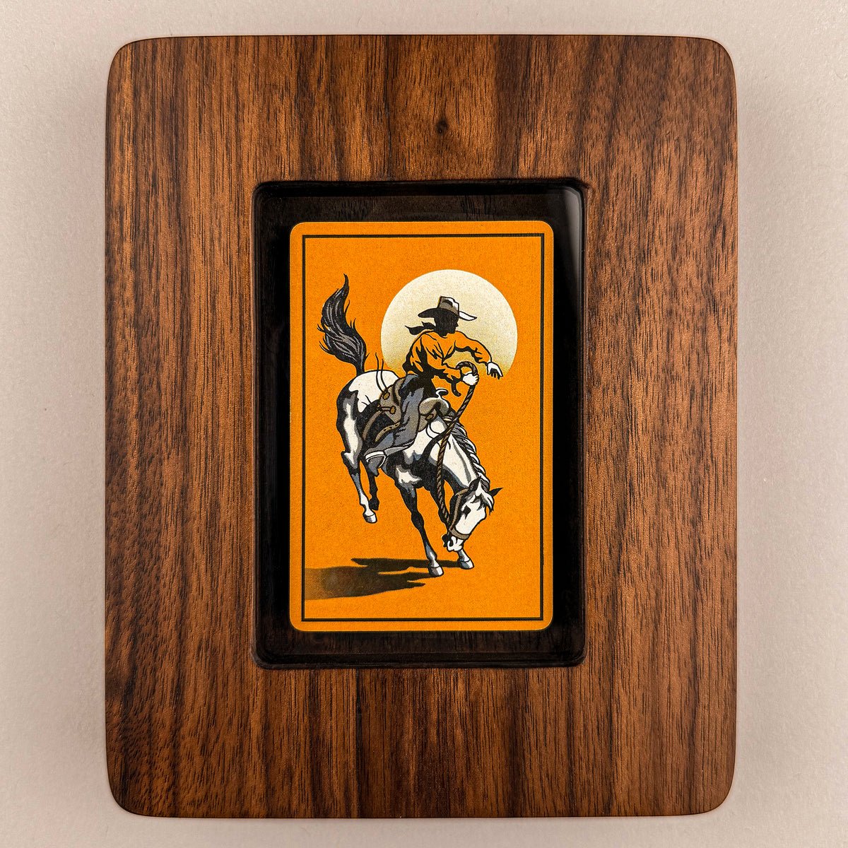 SunnySlab walnut wall art featuring a vintage bucking bronco cowboy illustration