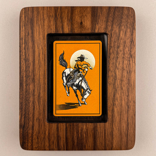SunnySlab walnut wall art featuring a vintage bucking bronco cowboy illustration