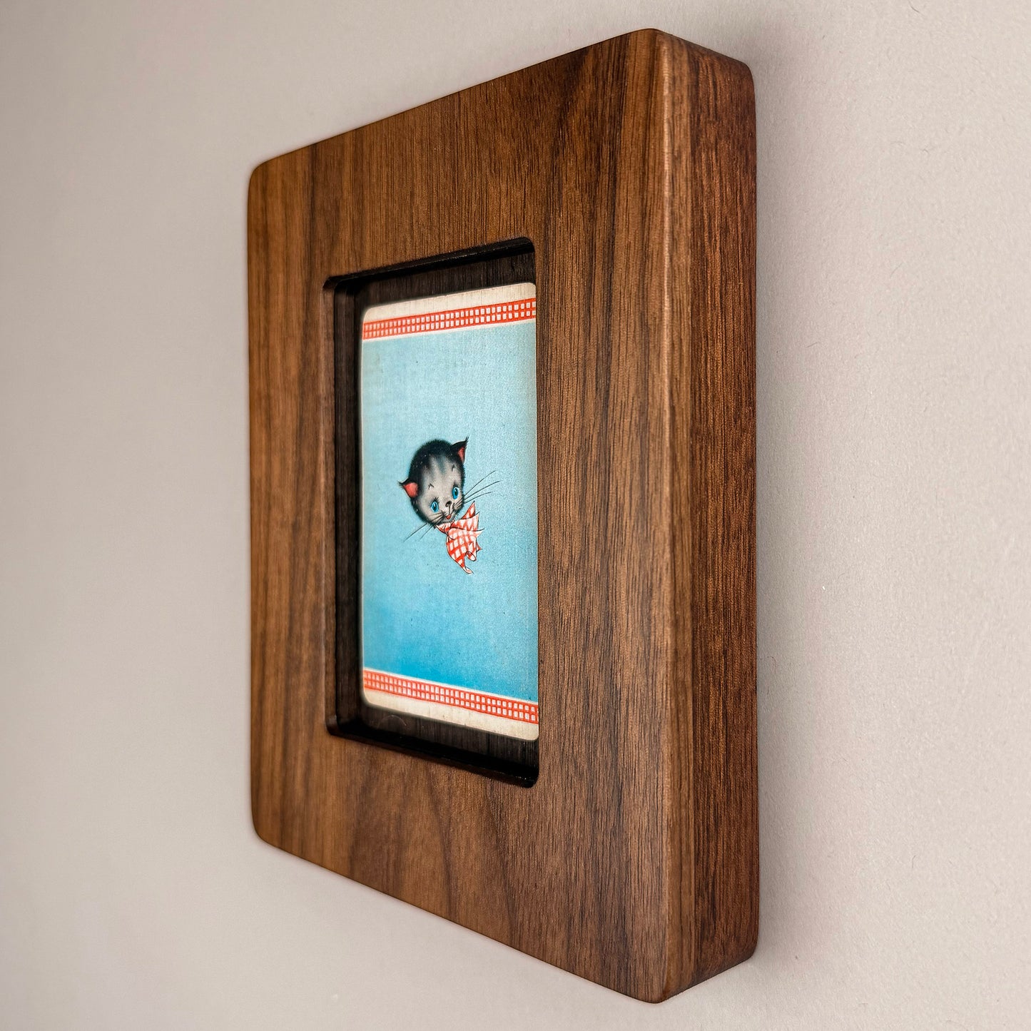 SunnySlab Mid-Century Kitten with Bow Walnut Wall Art
