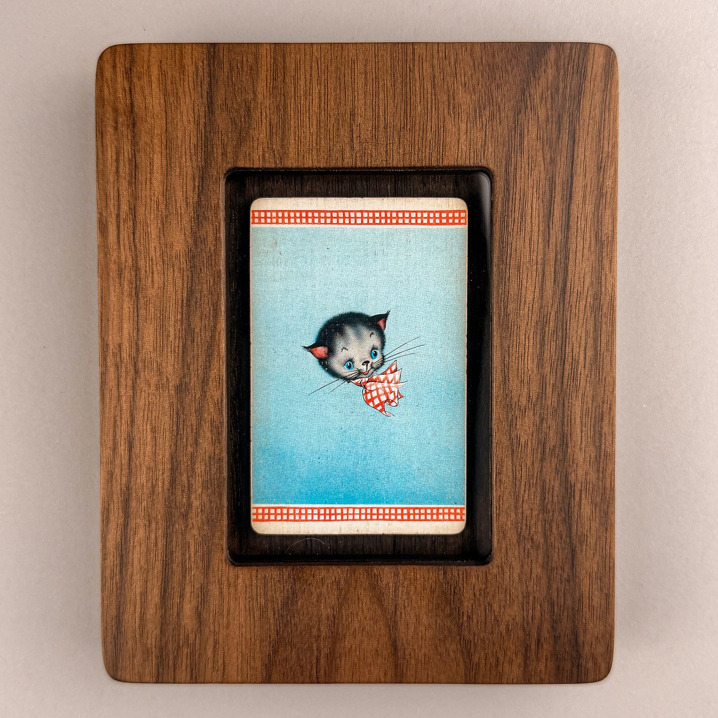 SunnySlab Mid-Century Kitten with Bow Walnut Wall Art