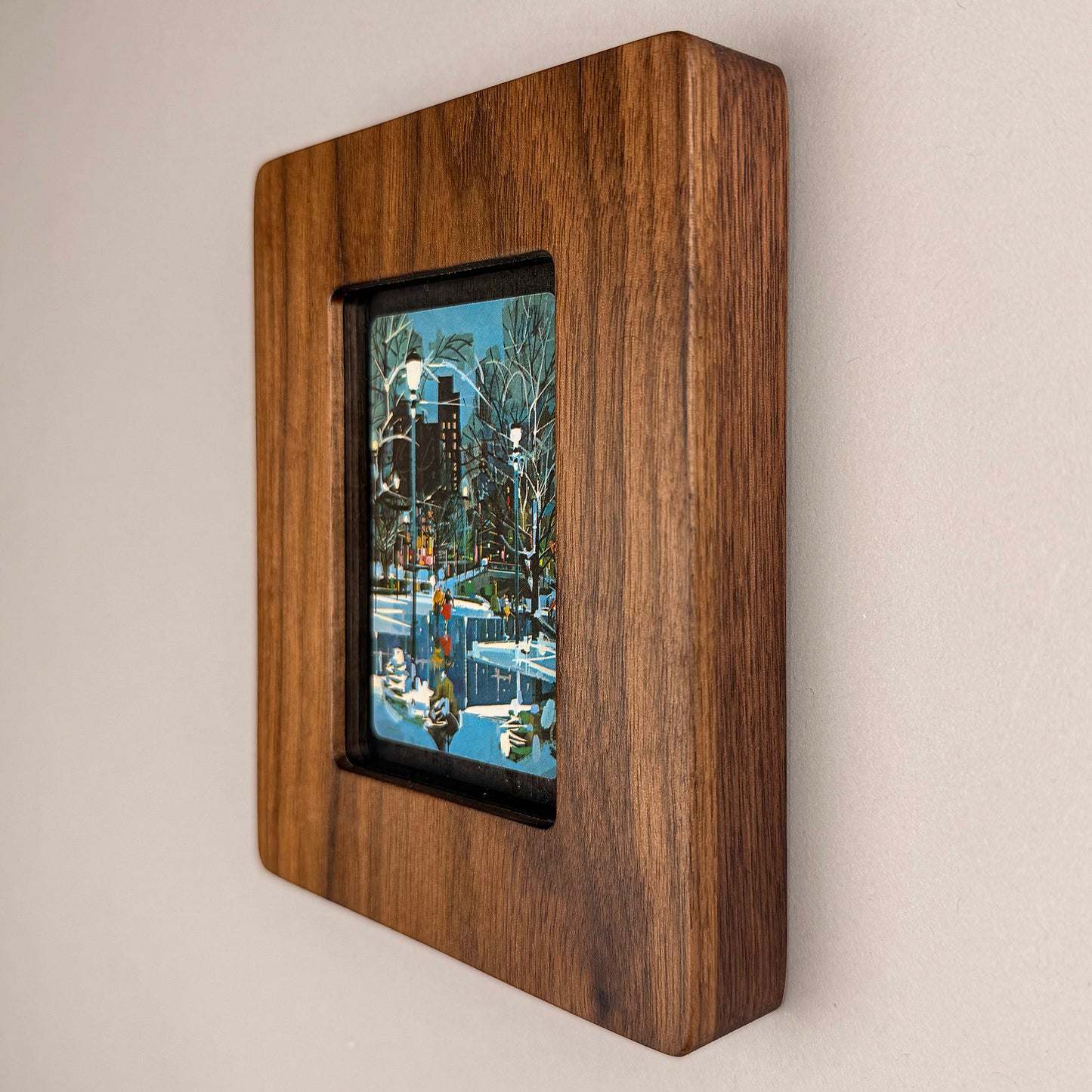 SunnySlab Mid-Century Ice Skating Night Scene Walnut Wall Art