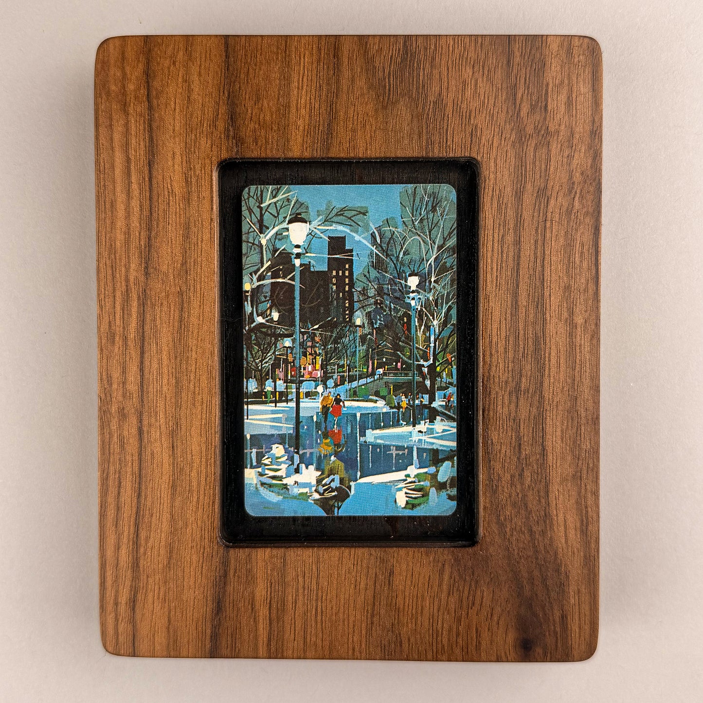 SunnySlab Mid-Century Ice Skating Night Scene Walnut Wall Art