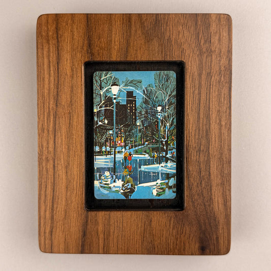 SunnySlab Mid-Century Ice Skating Night Scene Walnut Wall Art