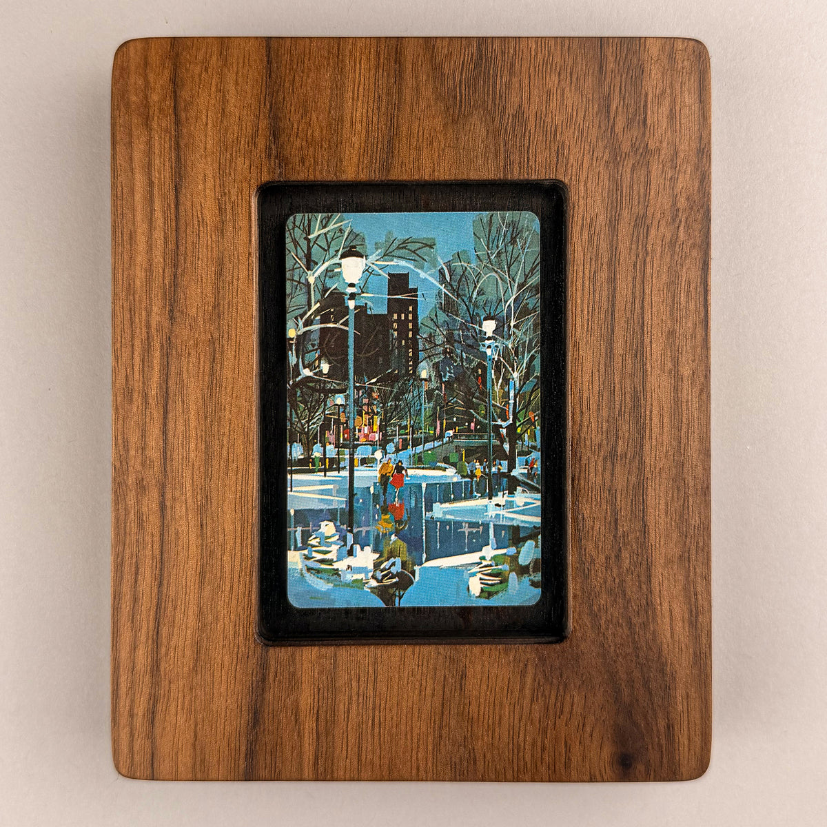 SunnySlab Mid-Century Ice Skating Night Scene Walnut Wall Art