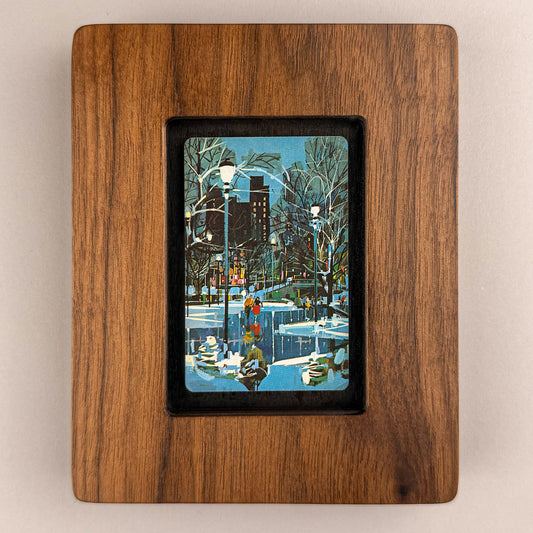 SunnySlab Mid-Century Ice Skating Night Scene Walnut Wall Art