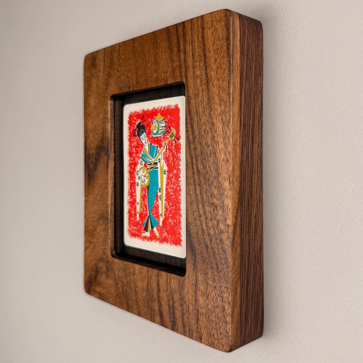 SunnySlab Mid-Century Japanese Shamisen Player Walnut Wall Art