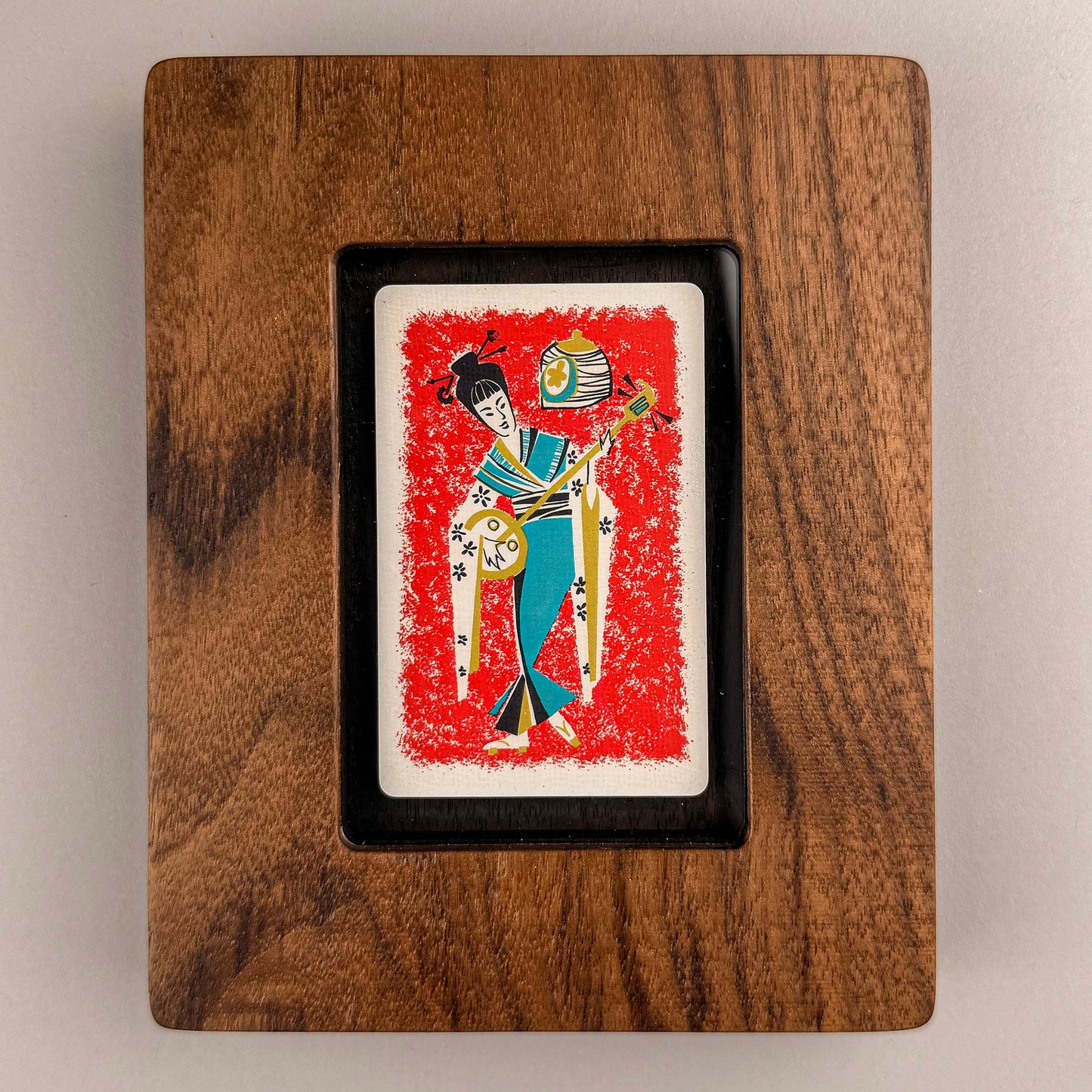 SunnySlab Mid-Century Japanese Shamisen Player Walnut Wall Art
