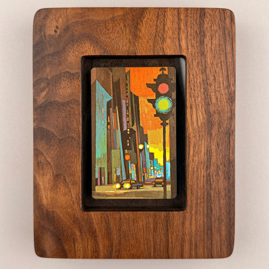 SunnySlab walnut wall art featuring a vintage mid-century city street illustration