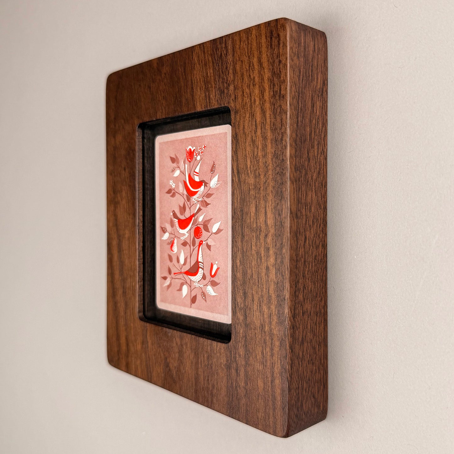 SunnySlab Mid-Century Red Birds Folk Art Walnut Wall Art