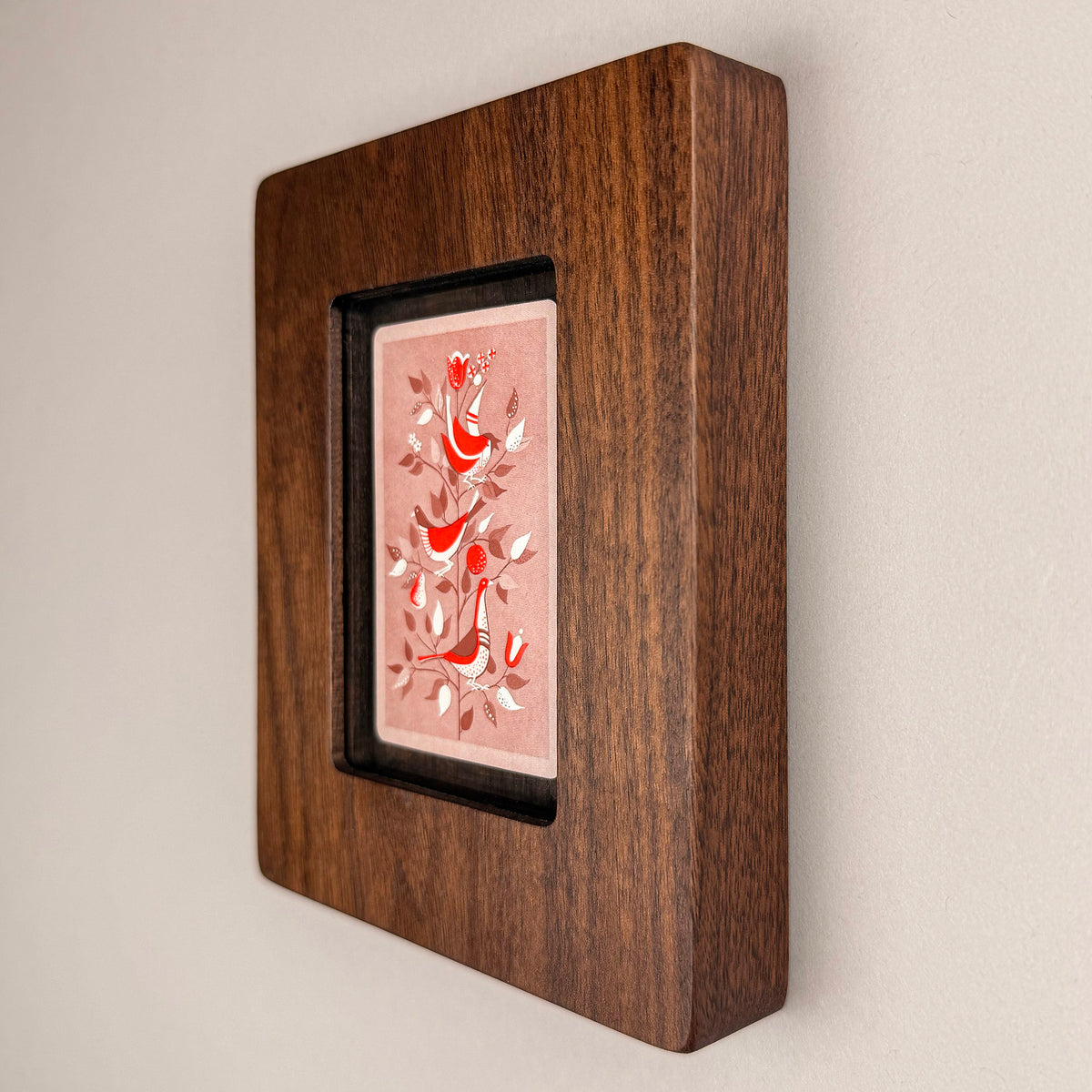 SunnySlab Mid-Century Red Birds Folk Art Walnut Wall Art