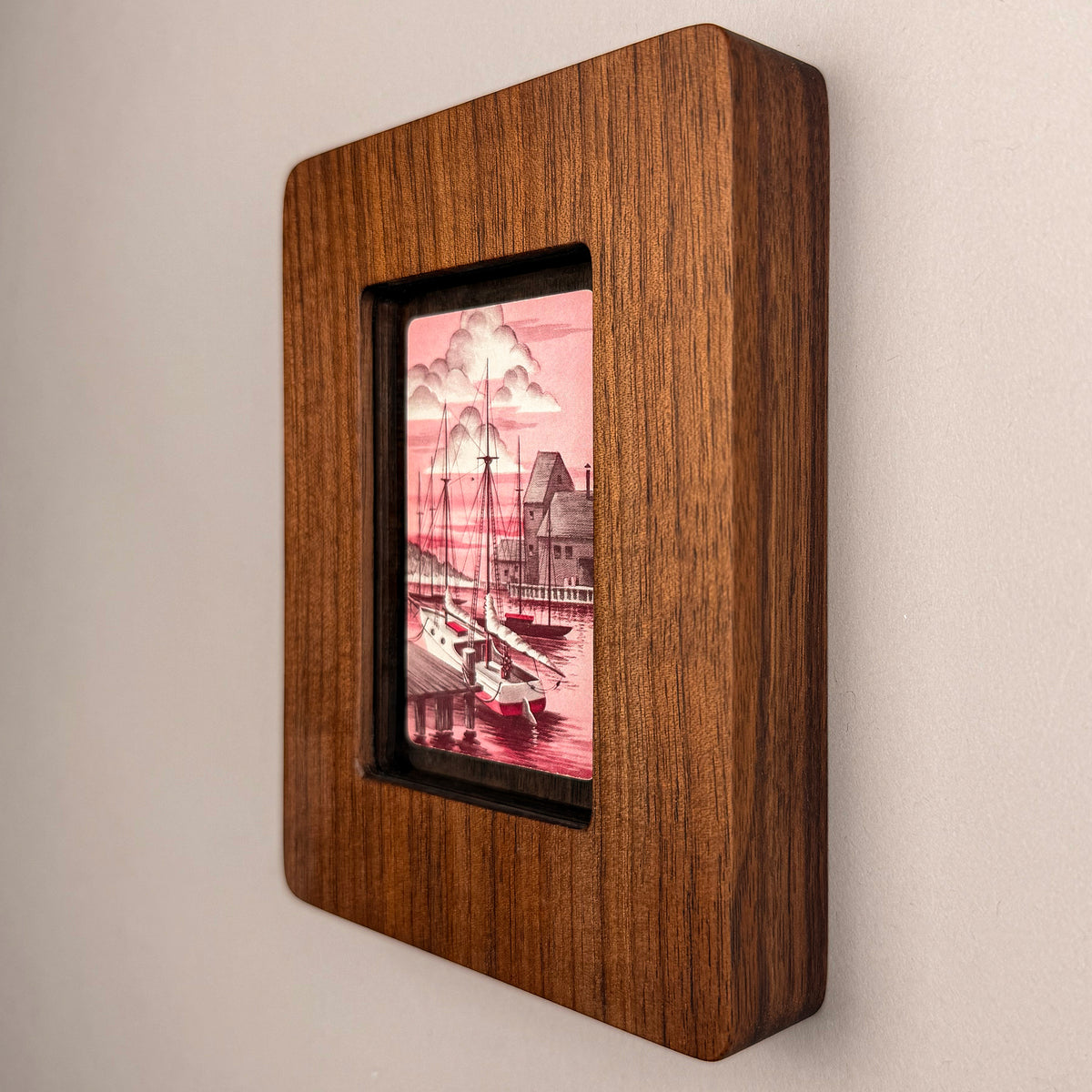 SunnySlab Pink Harbor Sailboats Walnut Wall Art