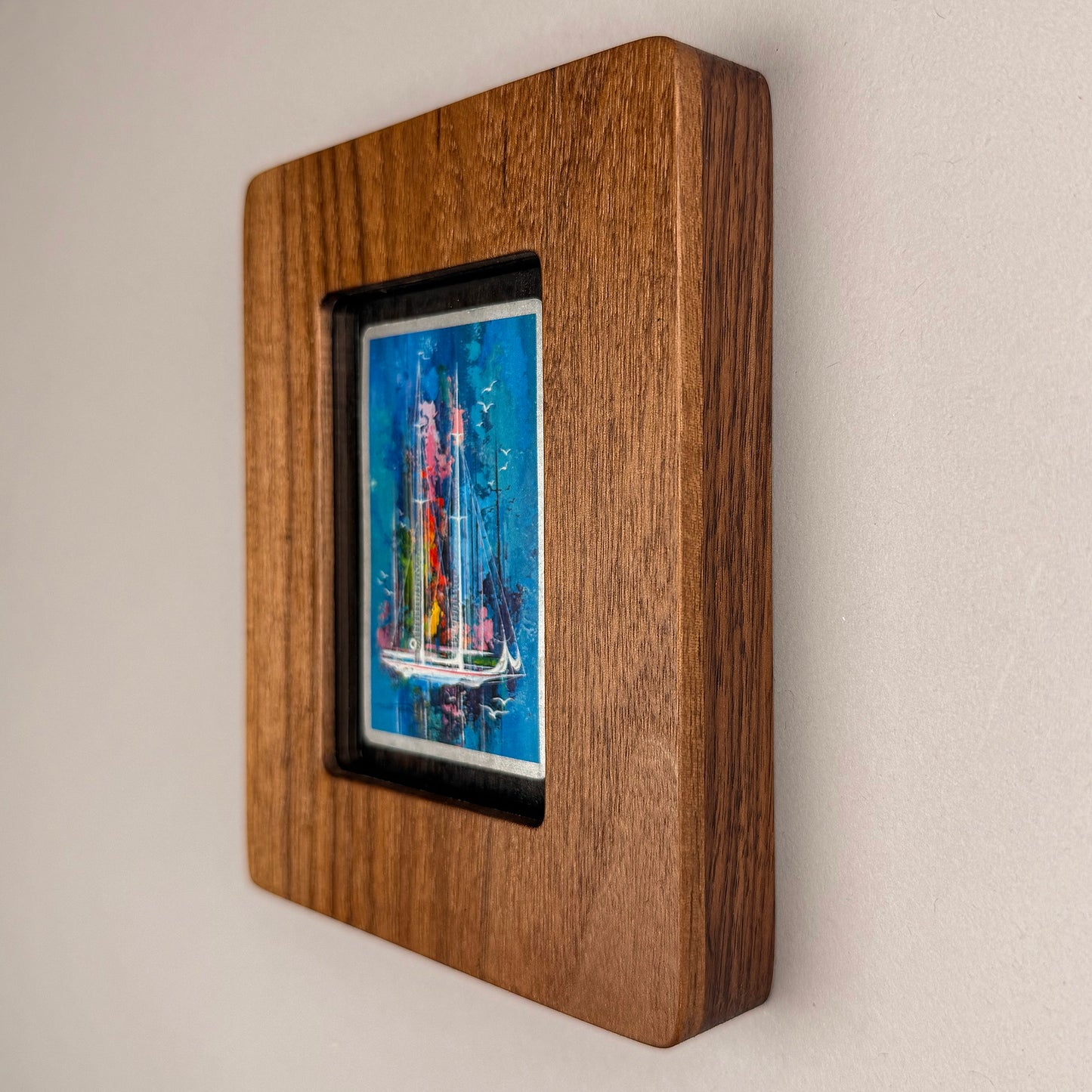 SunnySlab Painterly Sailboat Scene Walnut Wall Art