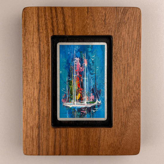 SunnySlab Painterly Sailboat Scene Walnut Wall Art