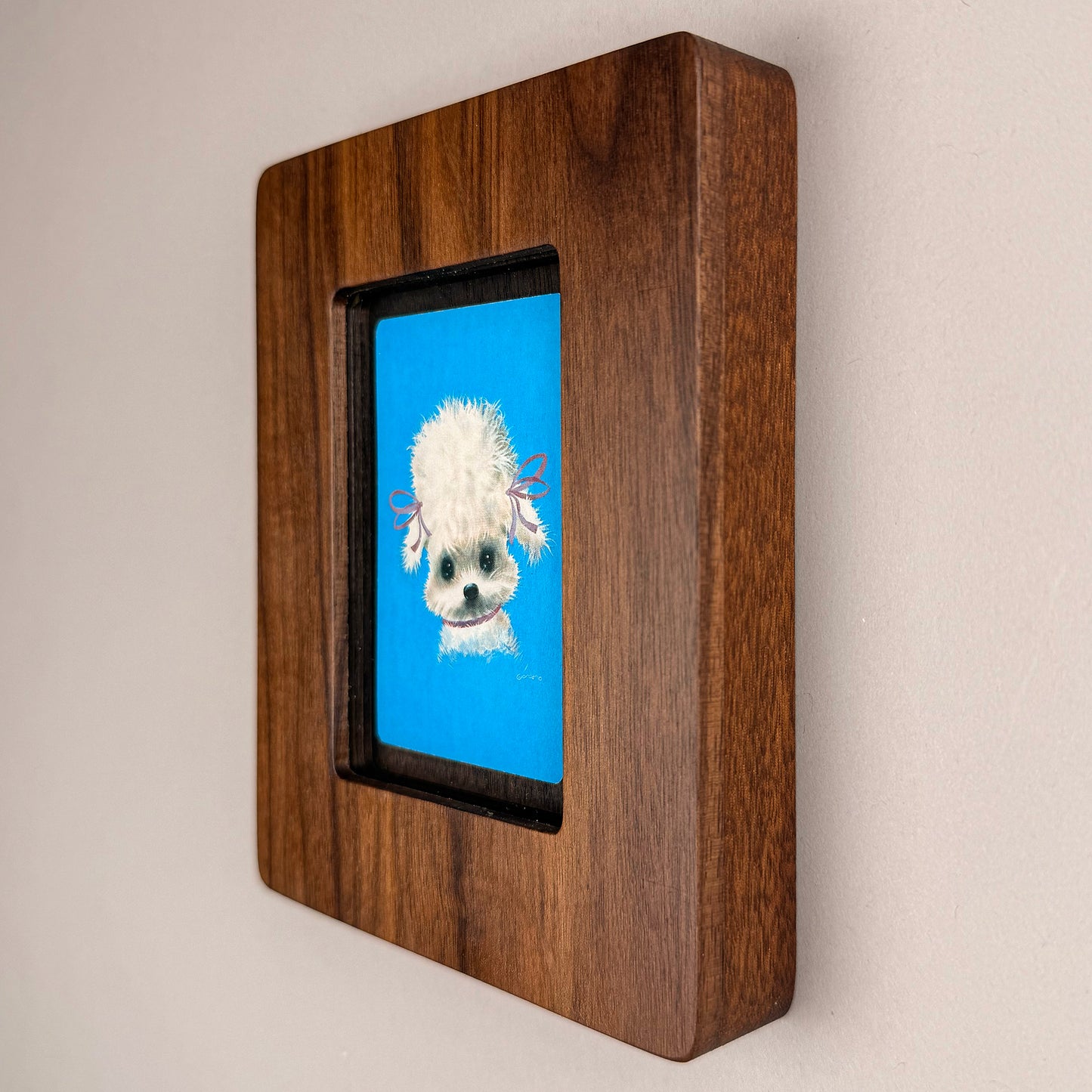 SunnySlab Mid-Century White Poodle Portrait Walnut Wall Art