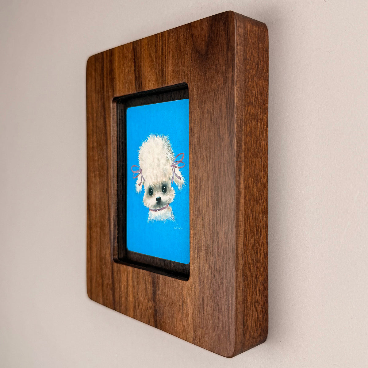 SunnySlab Mid-Century White Poodle Portrait Walnut Wall Art