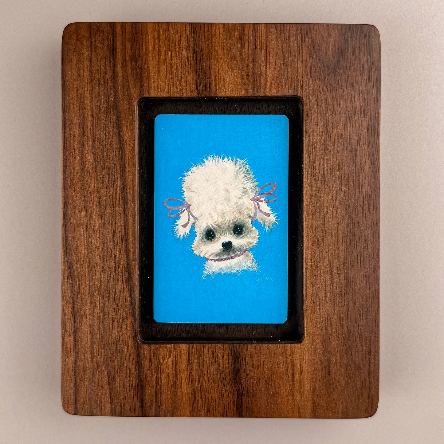 SunnySlab Mid-Century White Poodle Portrait Walnut Wall Art