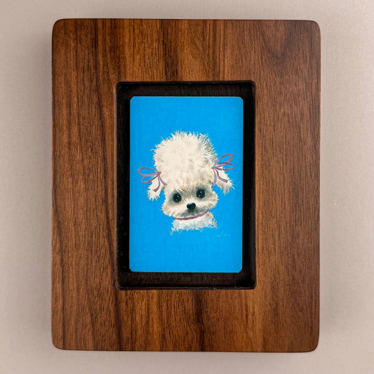 SunnySlab Mid-Century White Poodle Portrait Walnut Wall Art